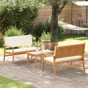 3 Piece Garden Sofa Set with Cream Cushions Solid Wood Acacia