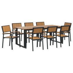 9 Piece Garden Dining Set Black Steel and Solid Wood Acacia