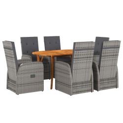 7 Piece Garden Dining Set with Cushions Grey Poly Rattan Acacia