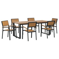 7 Piece Garden Dining Set Black Steel and Solid Wood Acacia