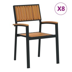 Stacking Garden Chairs 8 pcs Black Steel and Solid Wood Acacia