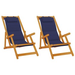 Folding Beach Chairs - Set of 2, Blue, Solid Acacia Wood & Textilene