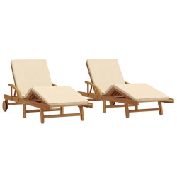 Sun Loungers 2 pcs with Cushions and Wheels Beige Solid Wood Acacia,  Folding Sun Lounger with Wheels & Cushion Beige Solid Wood Acacia