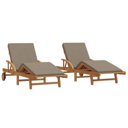 Sun Loungers 2 pcs with Cushions and Wheels Taupe Solid Wood Acacia,  Folding Sun Lounger with Wheels & Cushion Taupe Solid Wood Acacia