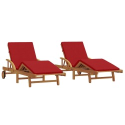 Sun Loungers 2 pcs with Cushions and Wheels Red Solid Wood Acacia