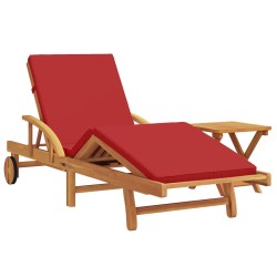 Sun Lounger with Cushion and Table in Red Solid Wood Acacia,  Folding Sun Lounger with Wheels & Cushion in Red Solid Wood Acacia