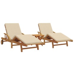 Sun Loungers 2 pcs with Cushions and Table Beige Solid Wood Acacia