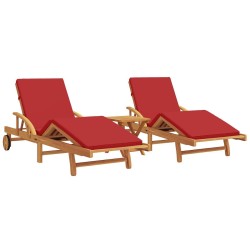 Sun Loungers 2 pcs with Cushions and Table Red Solid Wood Acacia