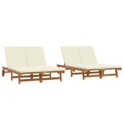 Double Sun Lounger with Wheels and Cushion - Solid Acacia Wood
