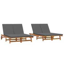 Double Sun Lounger with Wheels and Cushion - Solid Acacia Wood