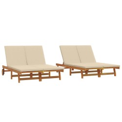 Double Sun Lounger with Wheels and Cushion - Solid Acacia Wood