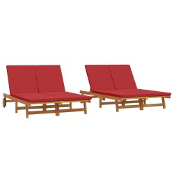 Double Sun Lounger with Wheels and Cushion - Solid Acacia Wood