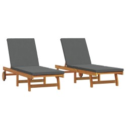 Sun Loungers 2-pack with Wheels and Cushions in Solid Acacia Wood