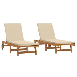 Sun Loungers 2 pcs with Wheels and Cushion Solid Wood Acacia