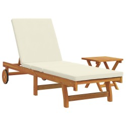 Wheeled Sun Lounger with Table and Cushion - Solid Acacia Wood
