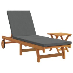 Rolling Sun Lounger with Table and Cushion - Solid Acacia Wood