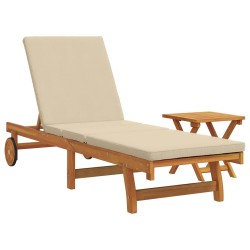 Rolling Sun Lounger with Table and Cushion Made from Solid Acacia Wood