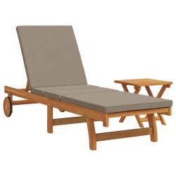 Wheeled Sun Lounger with Table and Cushion - Solid Acacia Wood