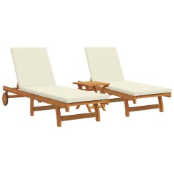 Wheeled Sun Loungers - 2 Pack with Table & Cushion, Made from Solid Acacia Wood