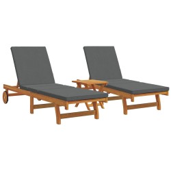 Wheeled Sun Loungers 2 pcs with Table & Cushion Solid Wood Acacia
