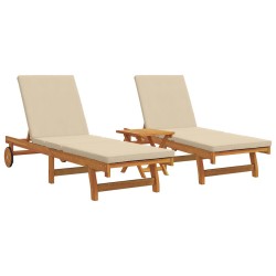 Rolling Sun Loungers Set of 2 with Table & Cushion Made of Acacia Wood
