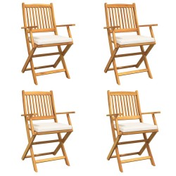 Folding Garden Chairs with White Cushion 4pcs Solid Acacia Wood