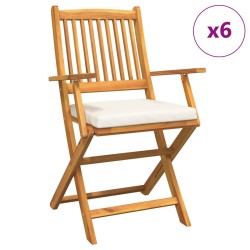 Folding Garden Chairs with White Cushion 6pcs Solid Acacia Wood