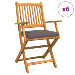 Folding Garden Chairs with Grey Cushion 6pcs Solid Acacia Wood