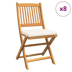Folding Garden Chairs with White Cushion 8pcs Solid Acacia Wood
