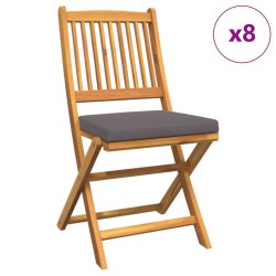 Folding Garden Chairs with Grey Cushion 8pcs Solid Acacia Wood